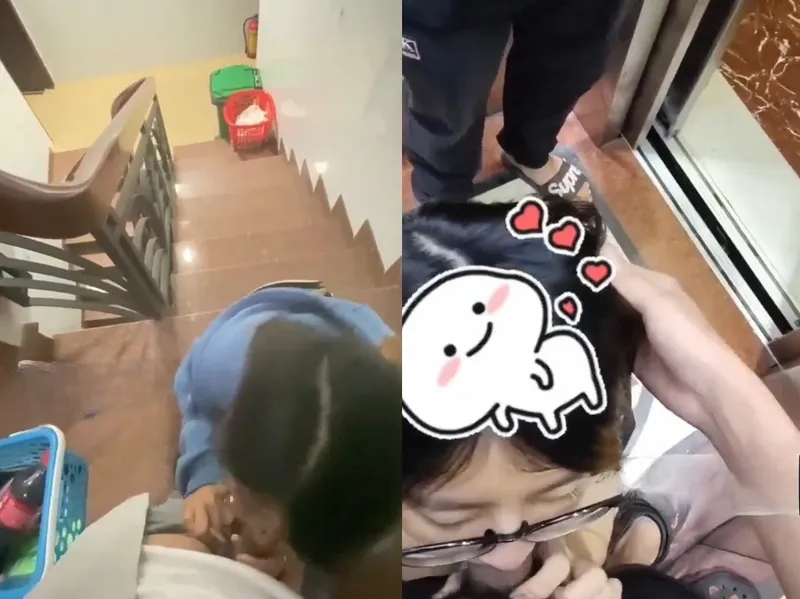 Em đang liếm cây hàng thì thang máy có người vào, vừa hồi hộp vừa nứng